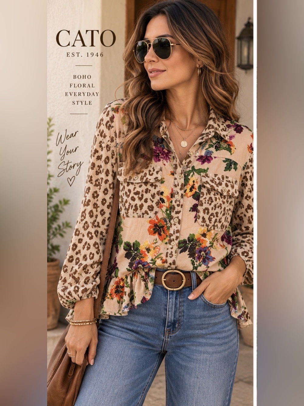 Cato XL Floral Leopard Print Peplum Button Down Blouse Boho Cottagecore